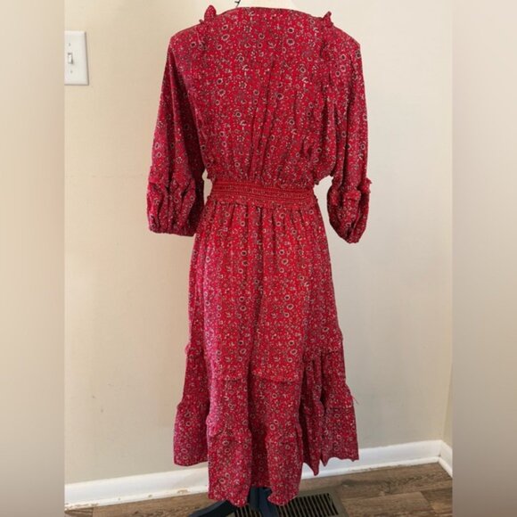 Max Studio Prairie Red Floral tiered maxi dress V neck crop puffy sleeves SZ LG - Picture 8 of 10